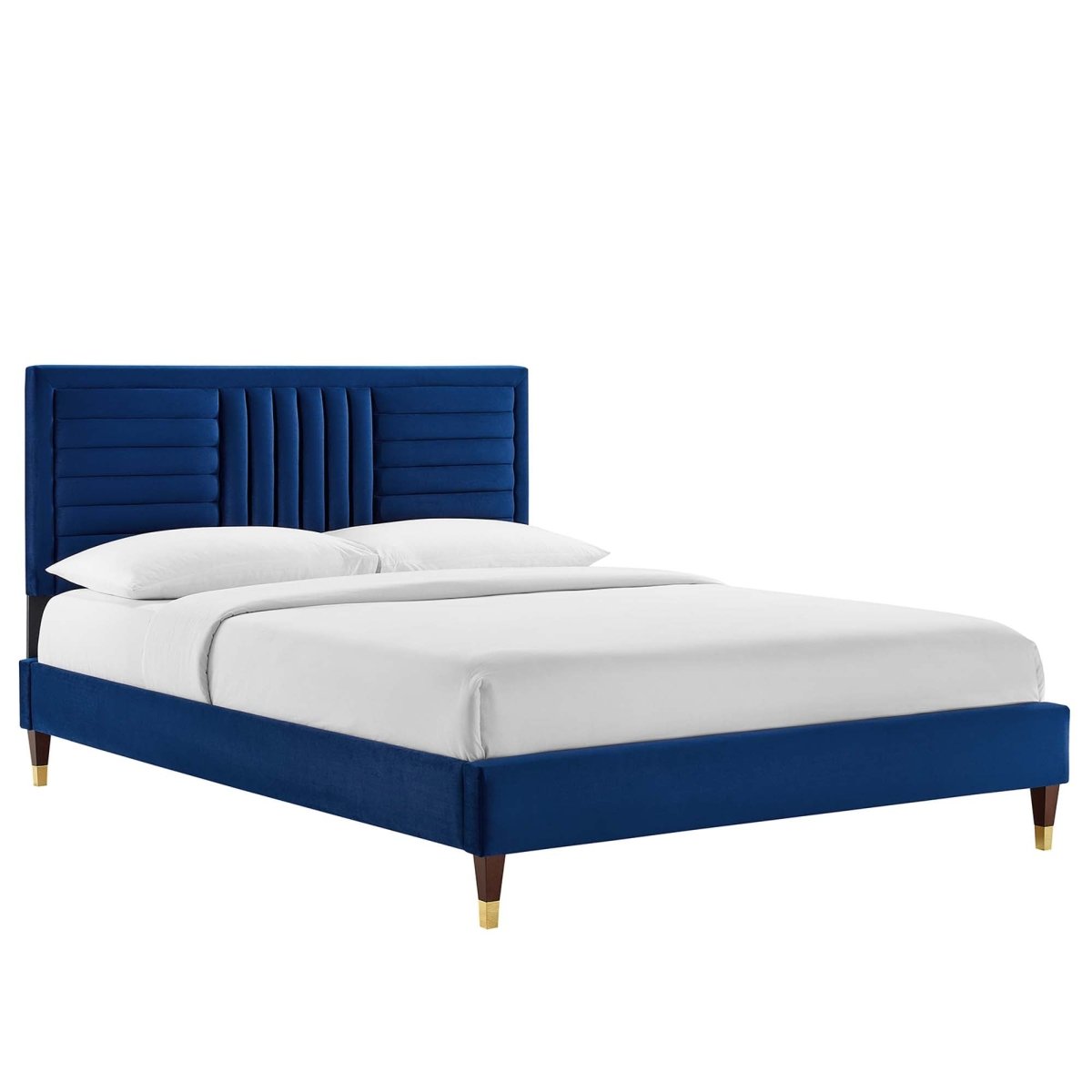 Channel Tufted Performance Velvet Platform Bed with Gold Detailed Wood Legs - Platform Bed available at Alpine Outlets in Denver