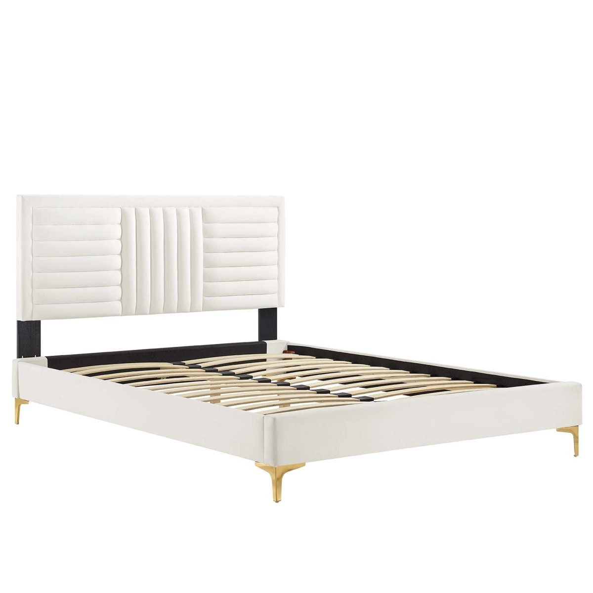 Channel Tufted Performance Velvet Platform Bed with Inset Border and Gold Legs - Platform Bed available at Alpine Outlets in Denver