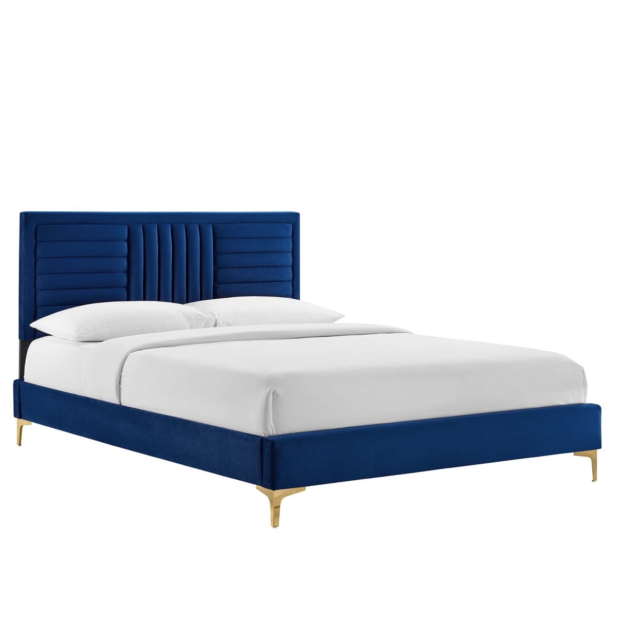 Channel Tufted Performance Velvet Platform Bed with Inset Border and Gold Legs - Platform Bed available at Alpine Outlets in Denver