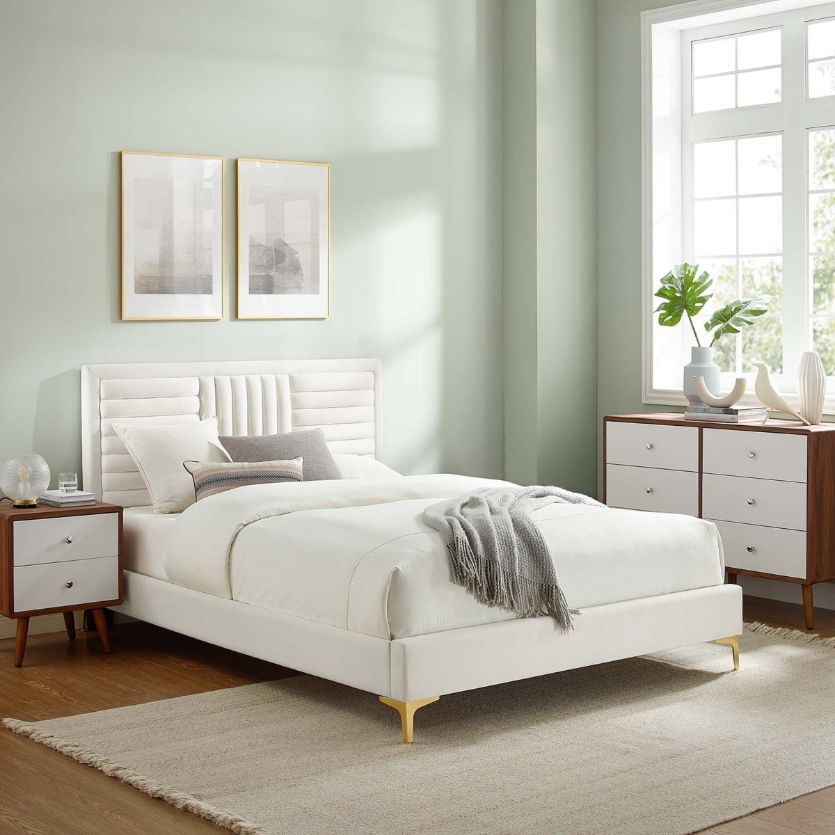 Channel Tufted Performance Velvet Platform Bed with Inset Border and Gold Legs - Platform Bed available at Alpine Outlets in Denver