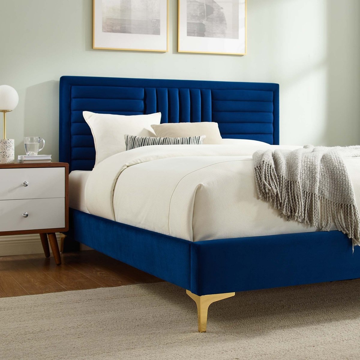 Channel Tufted Performance Velvet Platform Bed with Inset Border and Gold Legs - Platform Bed available at Alpine Outlets in Denver