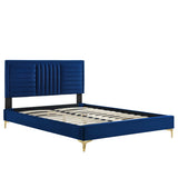 Channel Tufted Performance Velvet Platform Bed with Inset Border and Gold Legs - Platform Bed available at Alpine Outlets in Denver