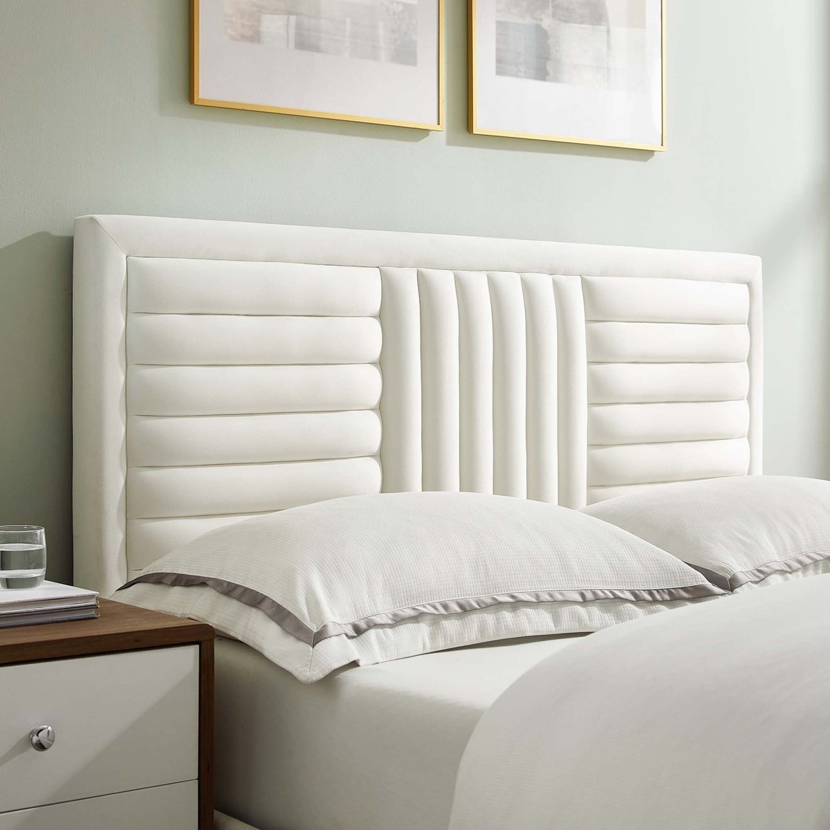 Channel Tufted Performance Velvet Platform Bed with Inset Border and Gold Legs - Platform Bed available at Alpine Outlets in Denver