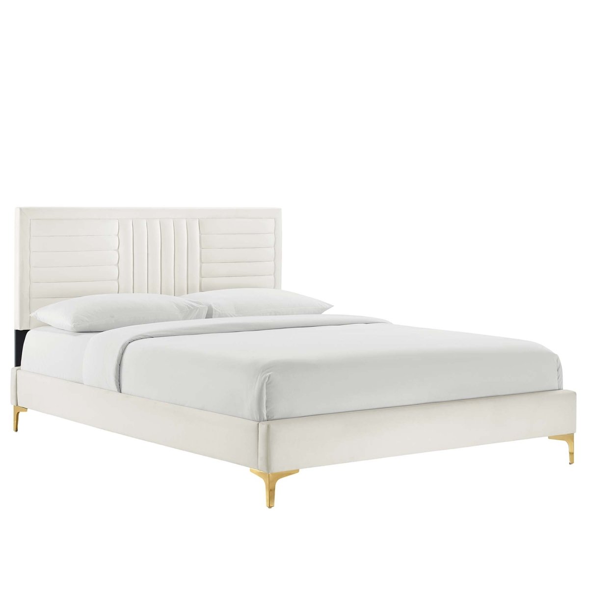 Channel Tufted Performance Velvet Platform Bed with Inset Border and Gold Legs - Platform Bed available at Alpine Outlets in Denver