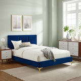 Channel Tufted Performance Velvet Platform Bed with Inset Border and Gold Legs - Platform Bed available at Alpine Outlets in Denver