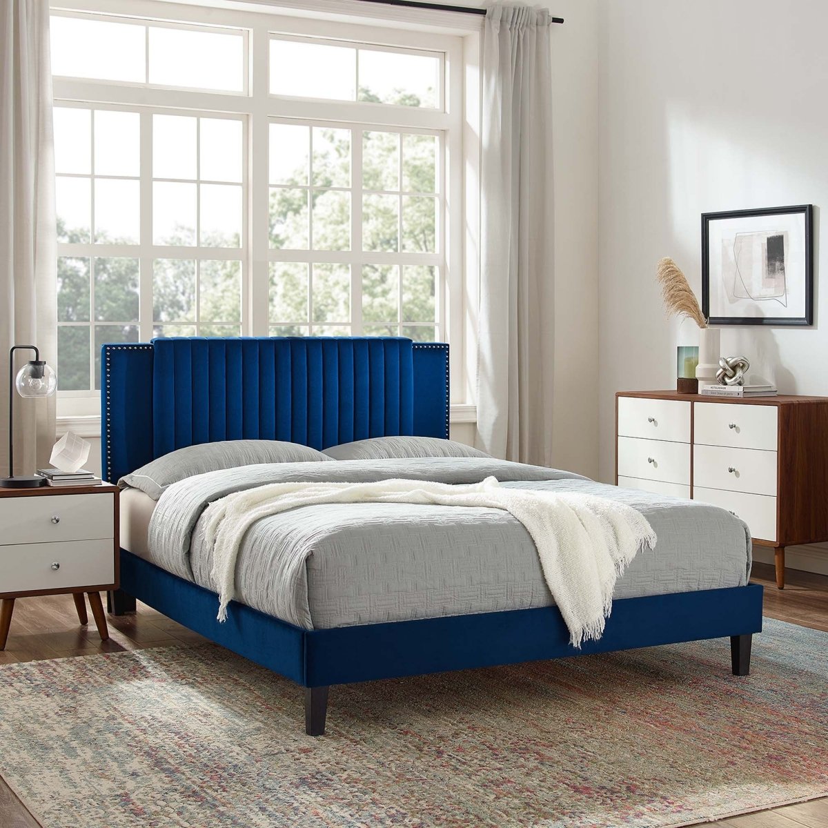 Channel Tufted Performance Velvet Platform Bed with Nailhead Trim - Platform Bed available at Alpine Outlets in Denver