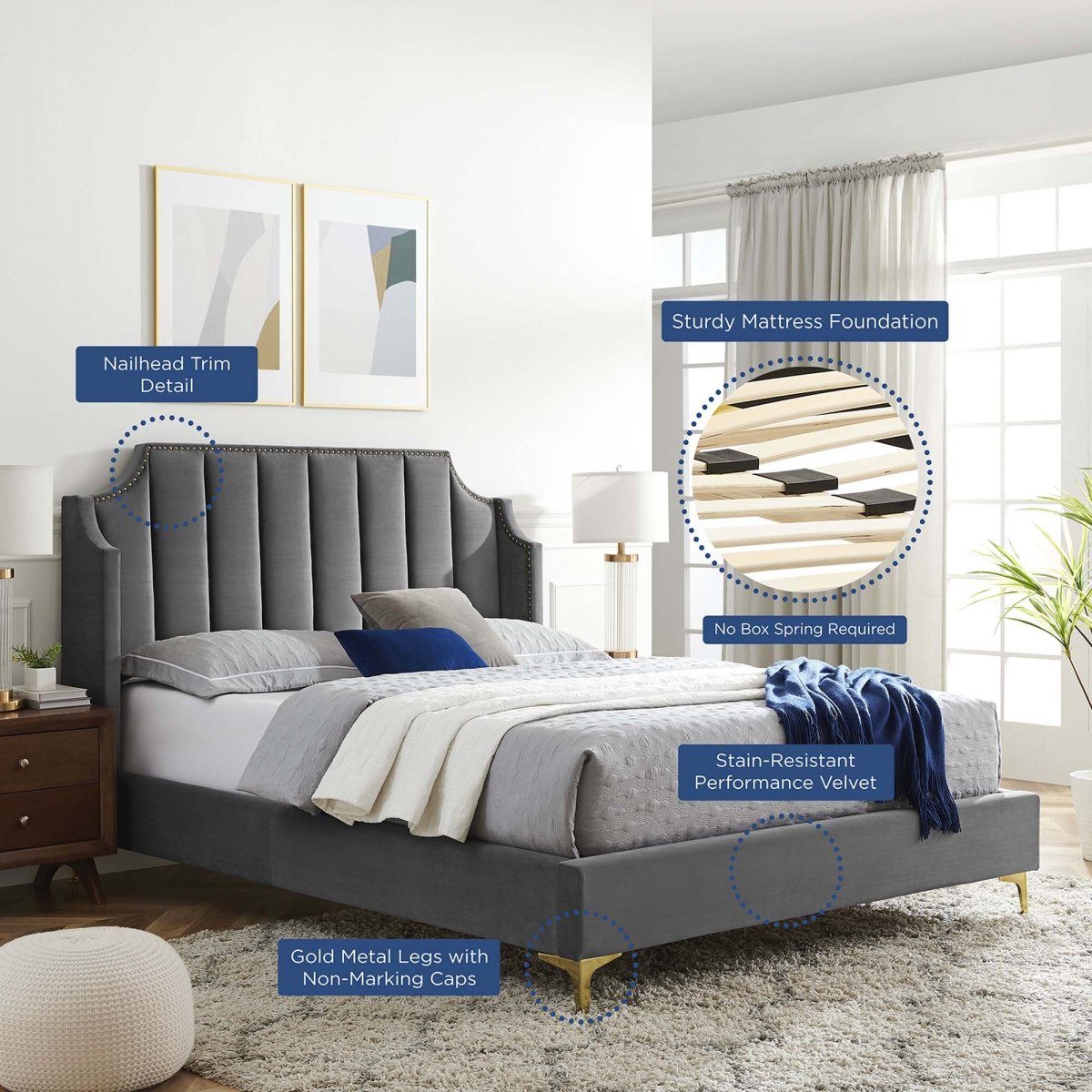 Channel Tufted Performance Velvet Wingback Queen Platform Bed - Platform Bed available at Alpine Outlets in Denver