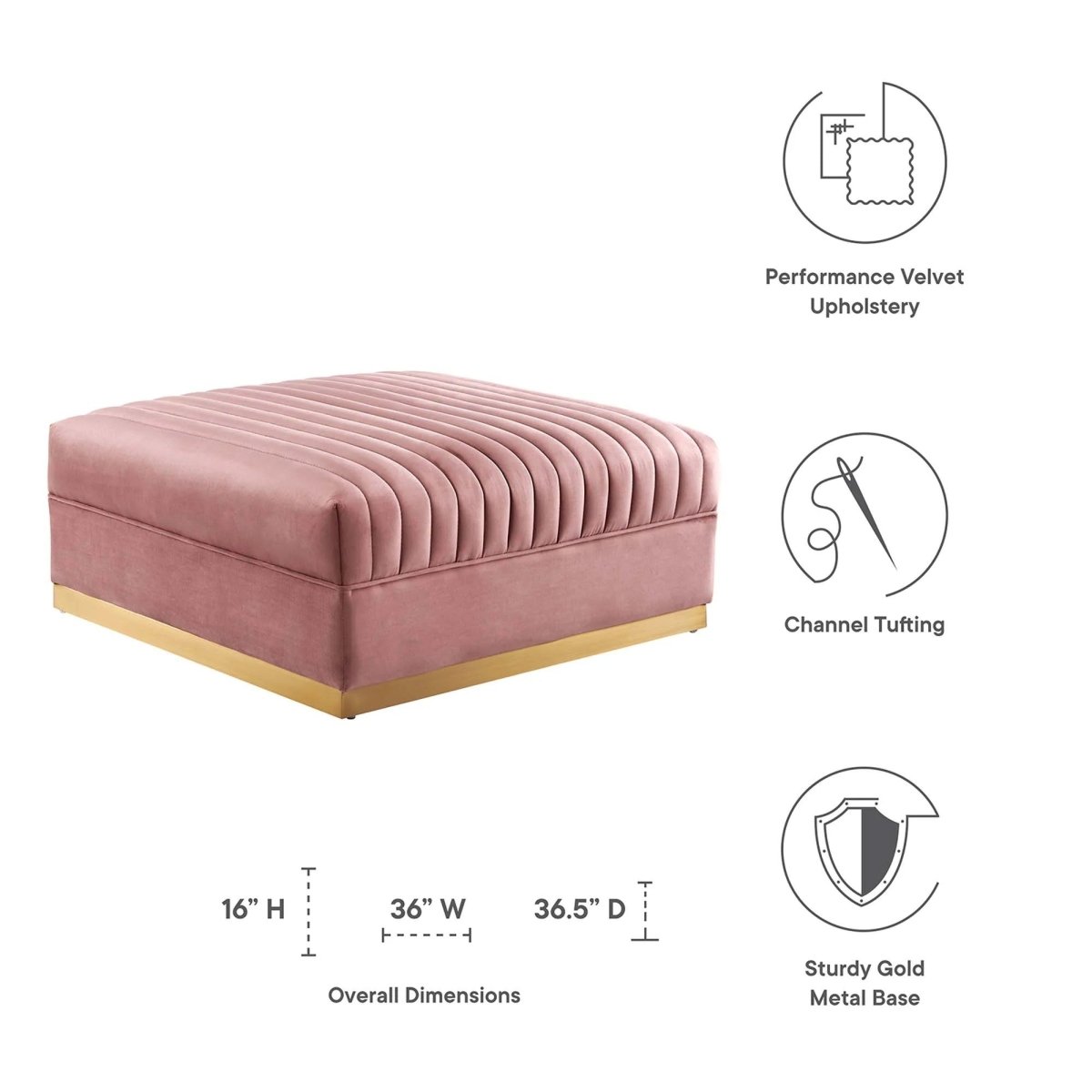 Channel Tufted Velvet Ottoman – Gold Base 36 Inch - Ottomans available at Alpine Outlets in Denver