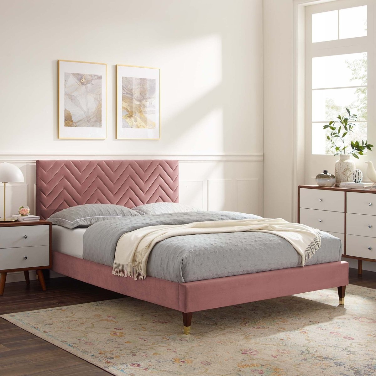 Chevron Tufted Performance Velvet Platform Bed with Gold Detailed Legs - Platform Bed available at Alpine Outlets in Denver