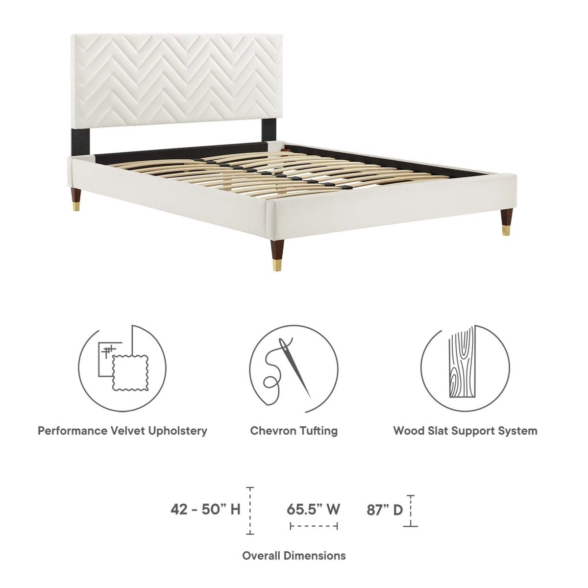 Chevron Tufted Performance Velvet Platform Bed with Gold Detailed Legs - Platform Bed available at Alpine Outlets in Denver