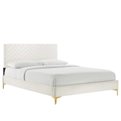 Chevron Tufted Performance Velvet Platform Bed with Gold Metal Legs - Platform Bed available at Alpine Outlets in Denver