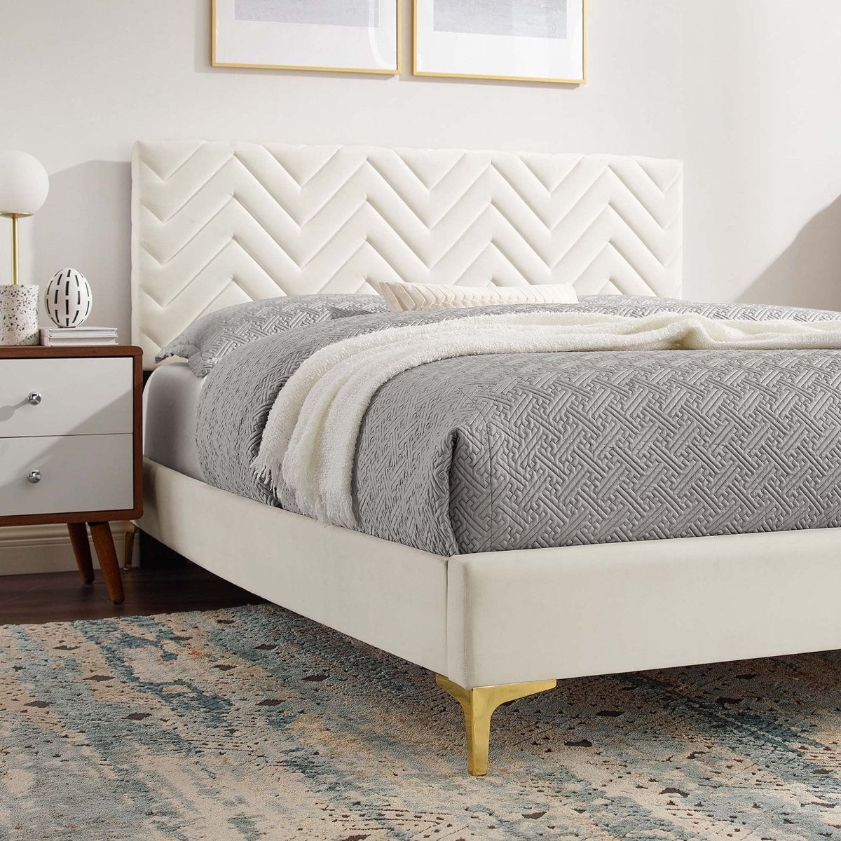 Chevron Tufted Performance Velvet Platform Bed with Gold Metal Legs - Platform Bed available at Alpine Outlets in Denver
