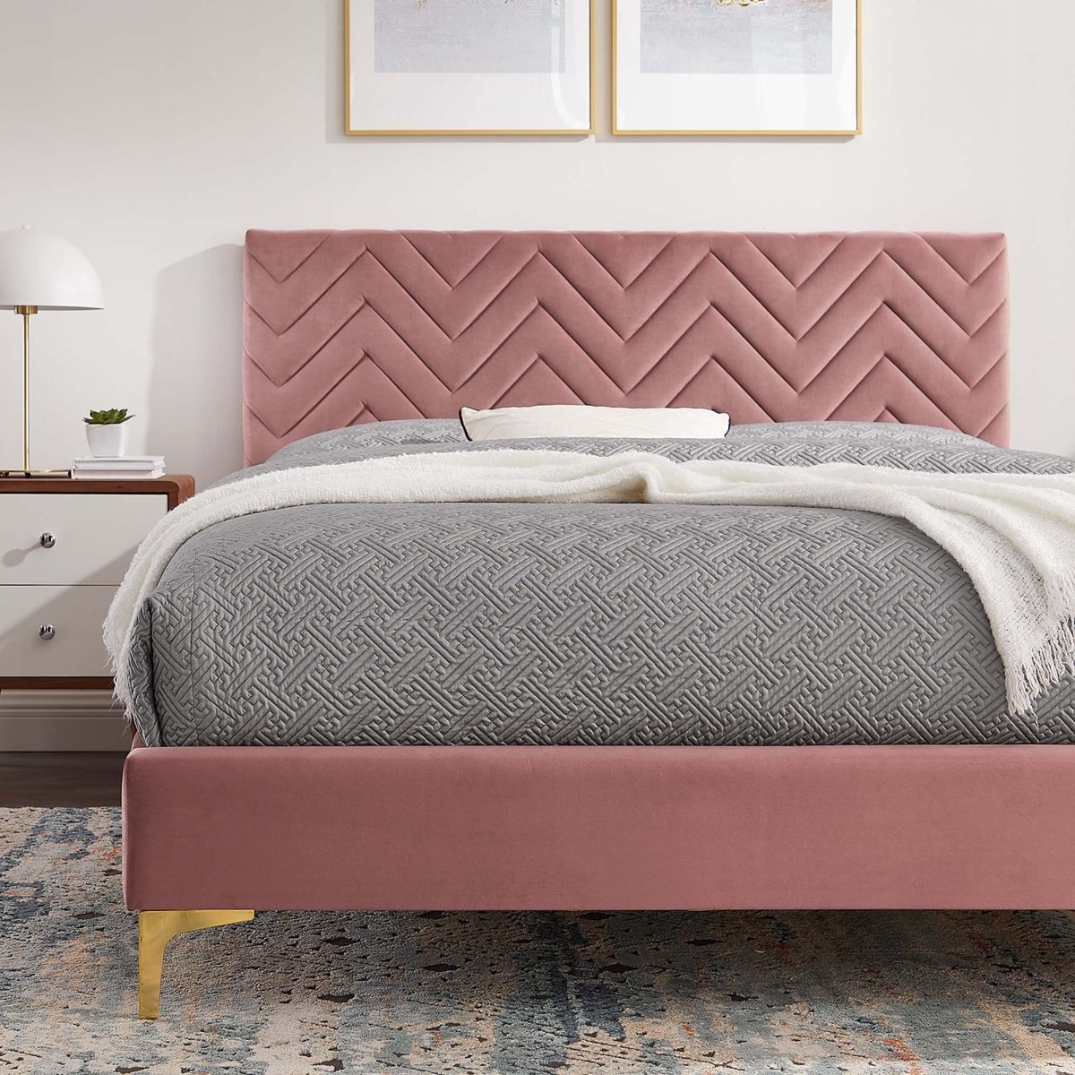 Chevron Tufted Performance Velvet Platform Bed with Gold Metal Legs - Platform Bed available at Alpine Outlets in Denver