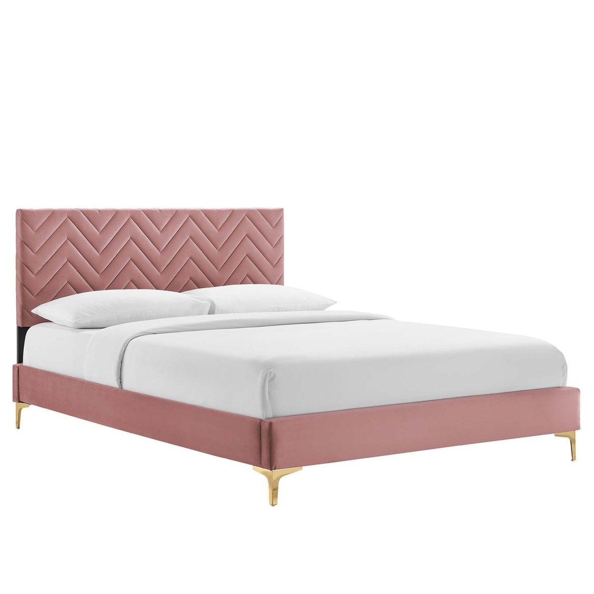 Chevron Tufted Performance Velvet Platform Bed with Gold Metal Legs - Platform Bed available at Alpine Outlets in Denver