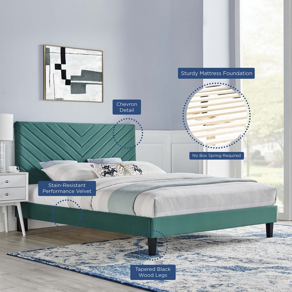 Chevron Tufted Performance Velvet Platform Bed with Tapered Black Legs - Platform Bed available at Alpine Outlets in Denver