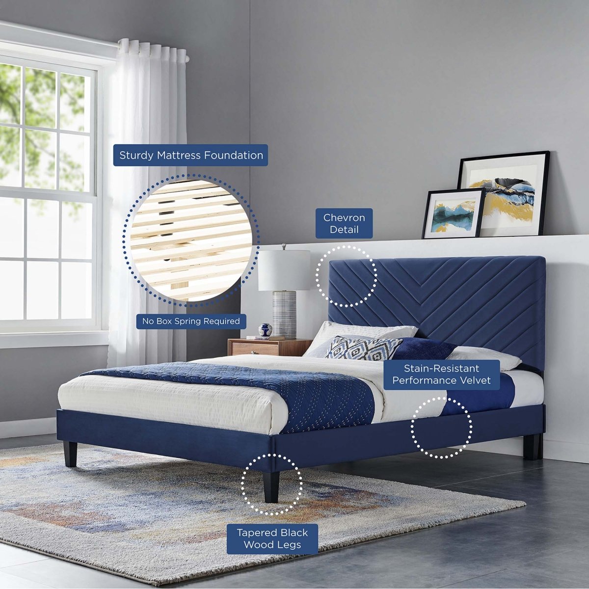 Chevron Tufted Performance Velvet Platform Bed with Tapered Black Legs - Platform Bed available at Alpine Outlets in Denver