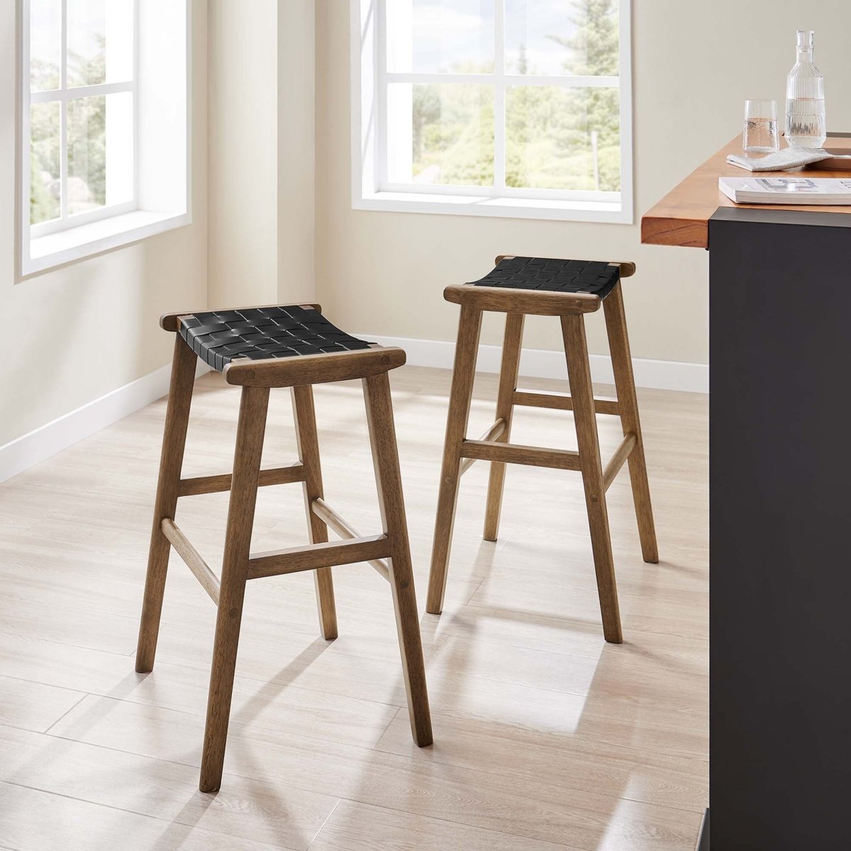 Contemporary Woven Leather and Wood Bar Stool Set of 2 - Stools available at Alpine Outlets in Denver