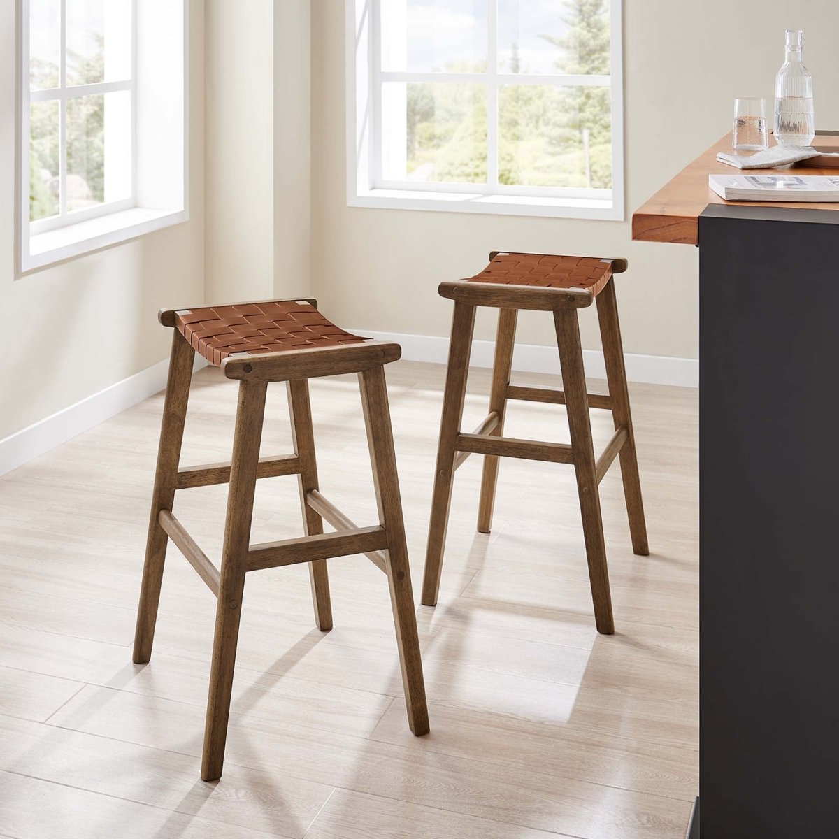 Contemporary Woven Leather and Wood Bar Stool Set of 2 - Stools available at Alpine Outlets in Denver