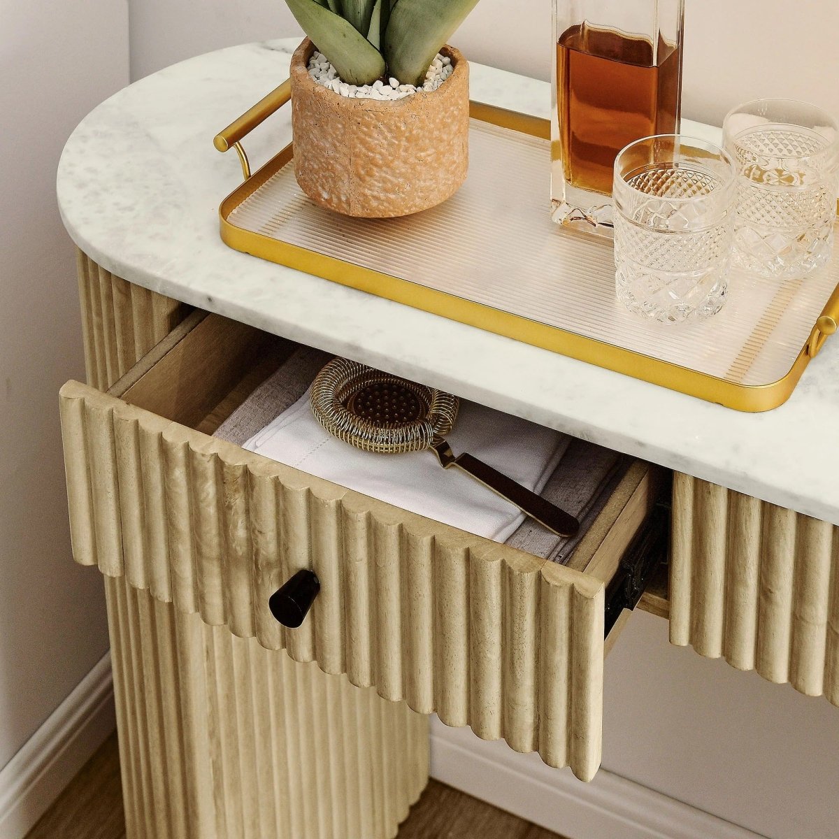 Curved Marble Top Wood Console Table with Drawers – 42 Inch - Ottomans available at Alpine Outlets in Denver