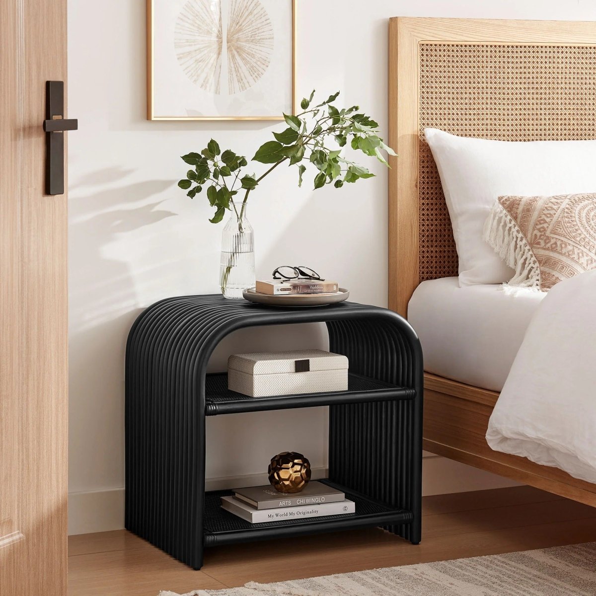 Curved Rattan Side Table with Shelf – Natural 24 Inch - End & Side Tables available at Alpine Outlets in Denver