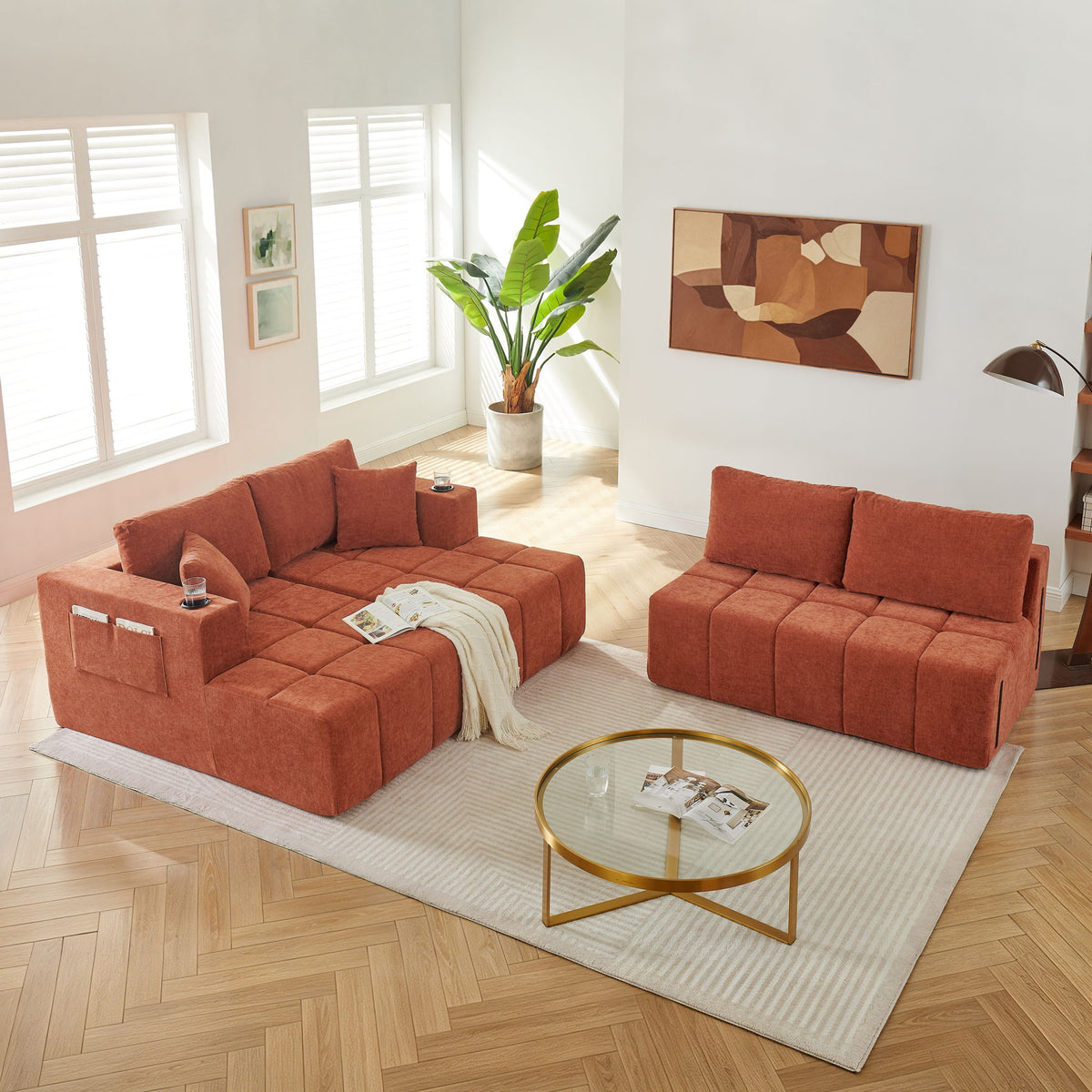 U - Shaped Sectional Sofa, Cup Holders & Side Pockets For Living Room