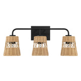 Moonlit - 3 Lights Wall Sconce With Shade, Bathroom Lighting Fixtures Over Mirror - Black / Rattan