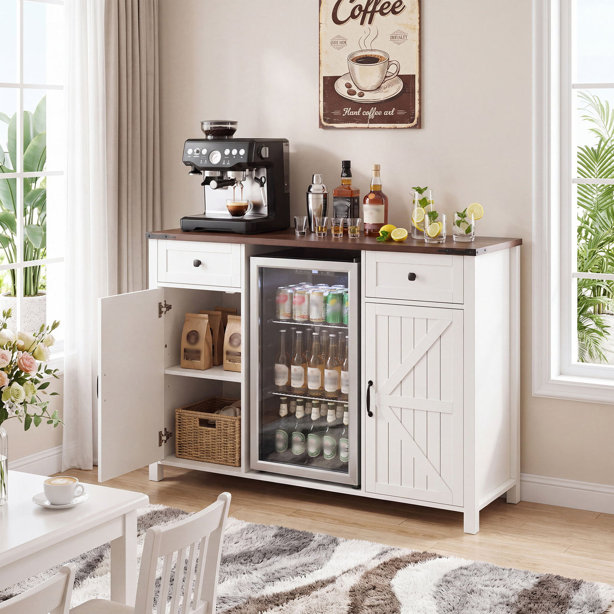 Coffee Bar With Mini Fridge Space & Built In Charging Station, Large Bar Cabinet With Drawers & Adjustable Shelves For Kitchen - White