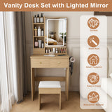 Small Vanity Desk With 3 LED Lighting Modes, 3 Drawers, Hair Dryer Holder, Power Socket, And Dressing Chair - Natural Walnut