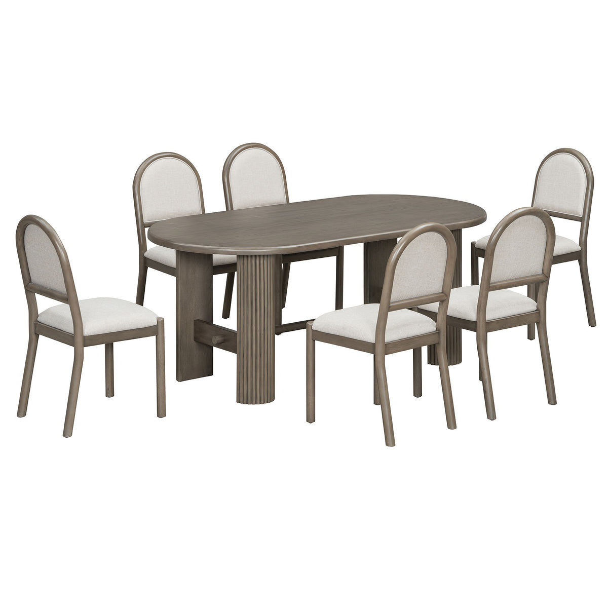 Oval Dining Table Set For 6 With Fluted Pedestal Base, 7 Piece Set Including 6 Upholstered Chairs