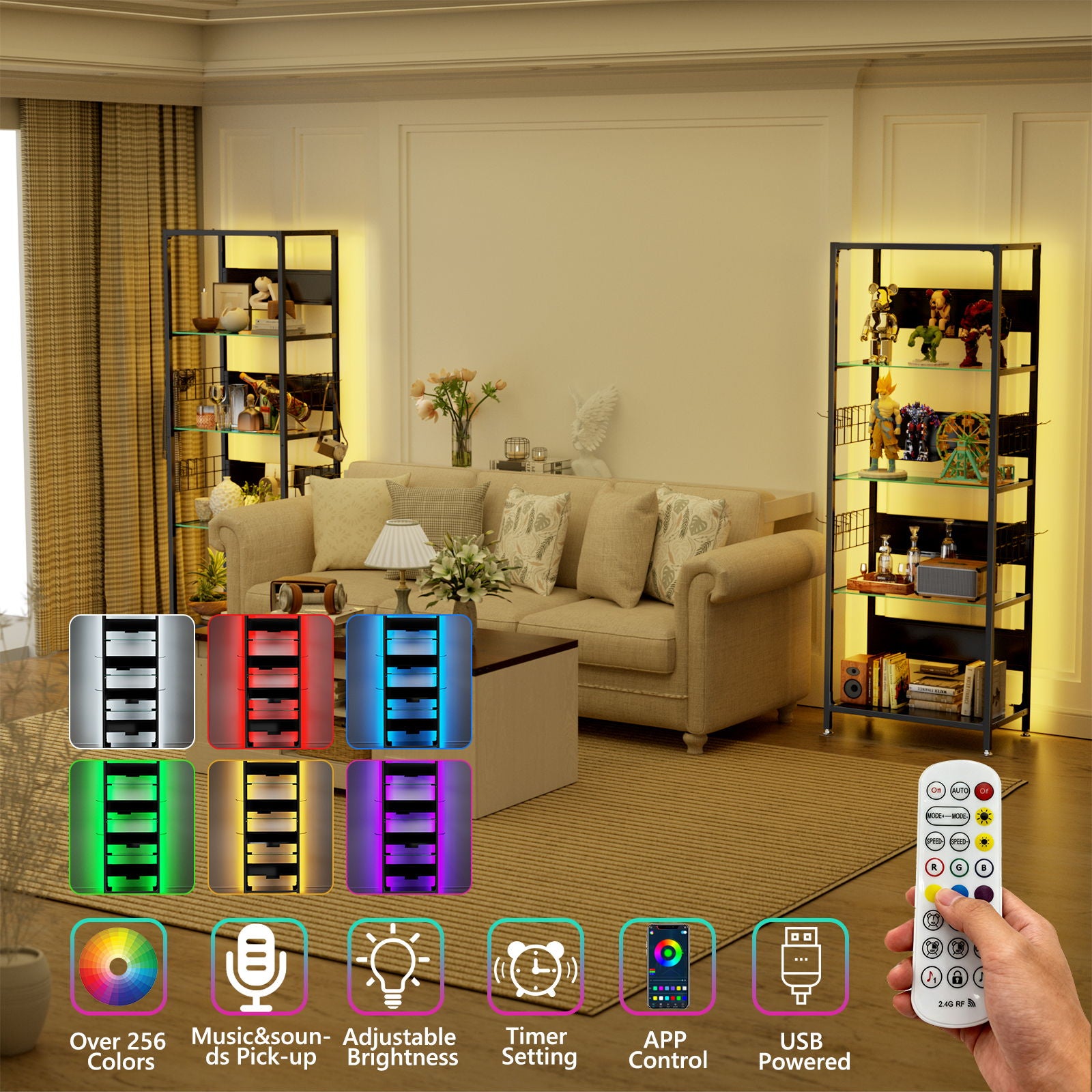 4 Tier Display Shelf With RGB Lights, LED Lighted Curio Cabinet