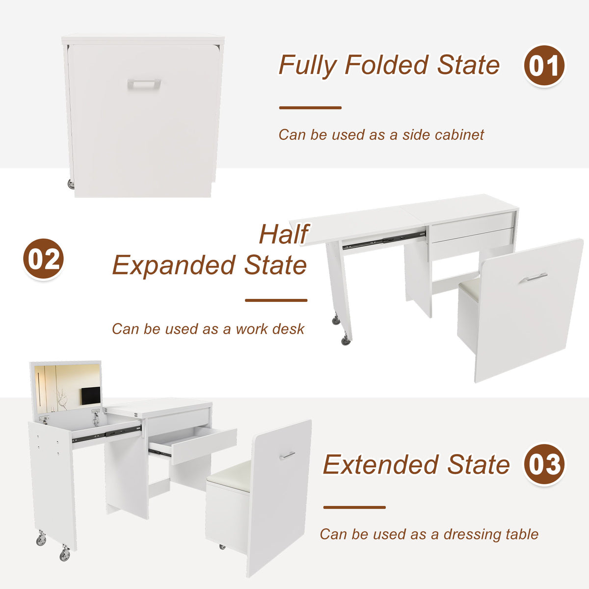 Folding Desk With Mirror And Storage Stool For Bedroom Or Apartment - White