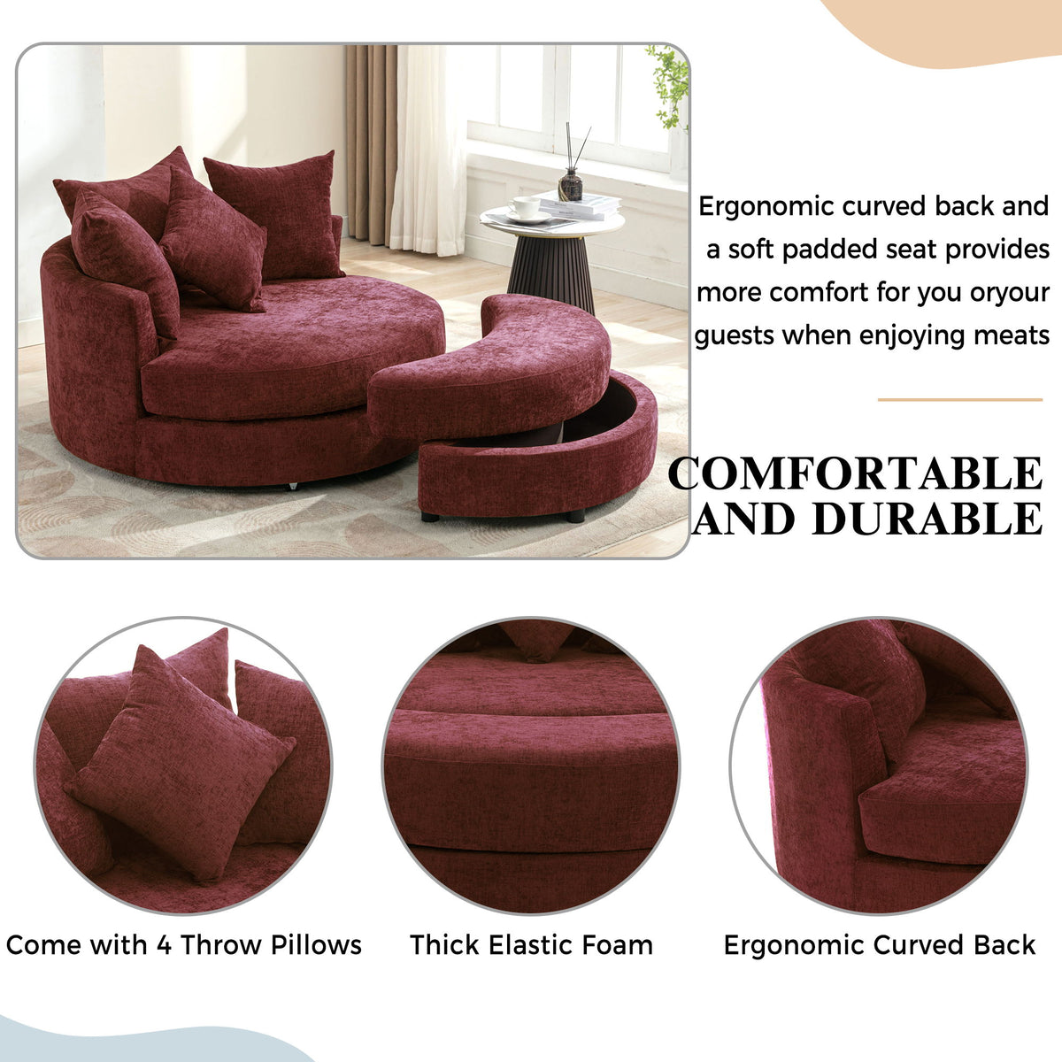 360° Swivel Accent Barrel Chair With Storage Ottoman & 4 Pillows, Modern Leisure Chair Round Accent For Living Room