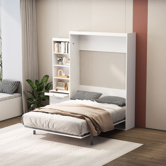 Morden Deisgn Vertical Murphy Bed With Shelf And Drawers For Bedroom Or Guestroom Wall Bed Space Saving Hidden Bed With New Style Gas Struts - Storage Beds - Alpine Outlets