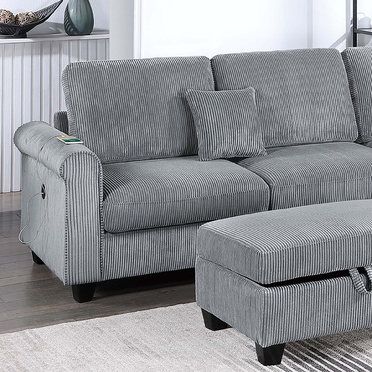 Contemporary Sectional Set With Right Arm Chaise, Left Arm Sofa With USB Port, Storage Ottoman