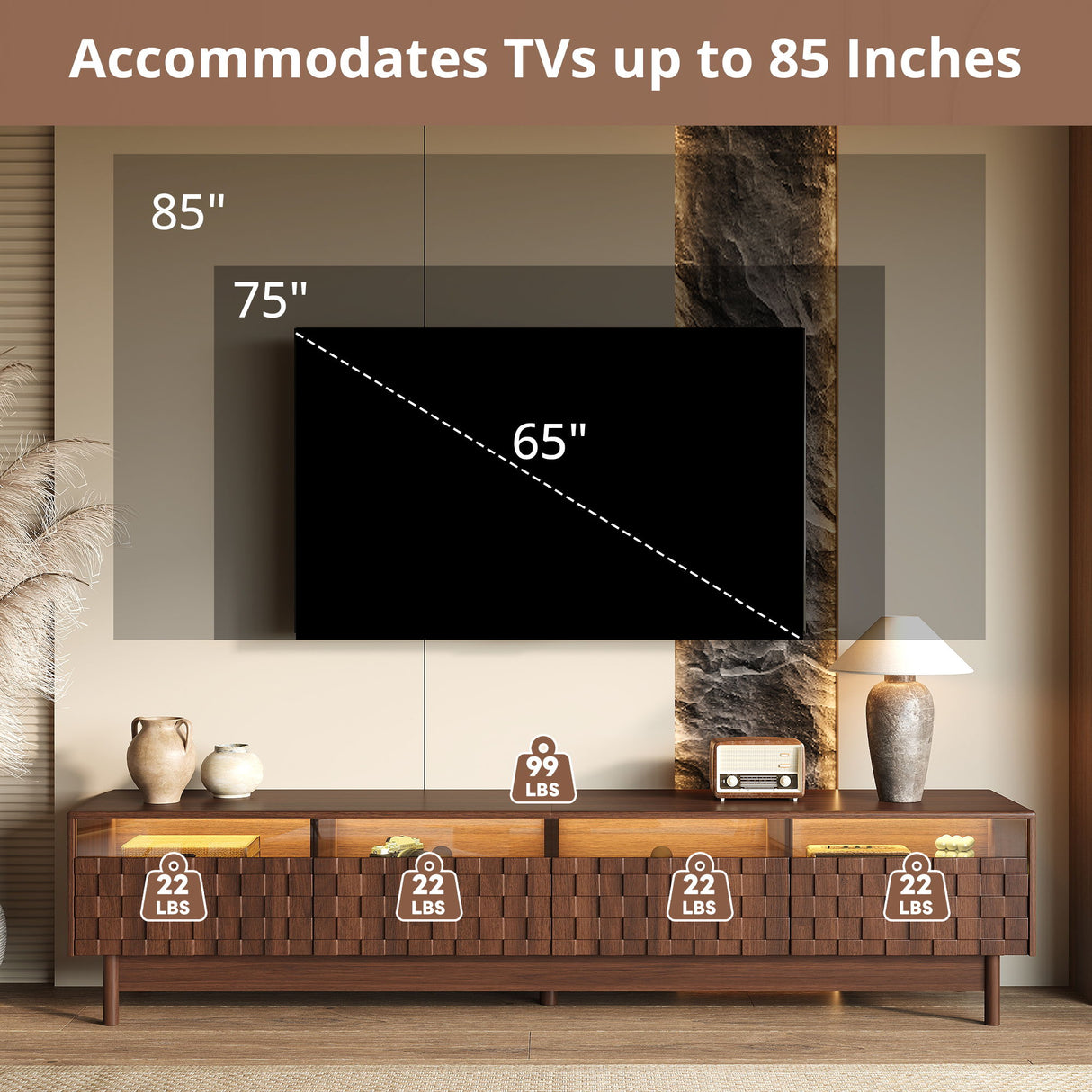 TV Stand With LED Lights And Glass Drawers For Living Room - Walnut