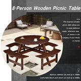 8 Person Round Picnic Table With 4 Built In Benches, Umbrella Hole For Garden - Brown
