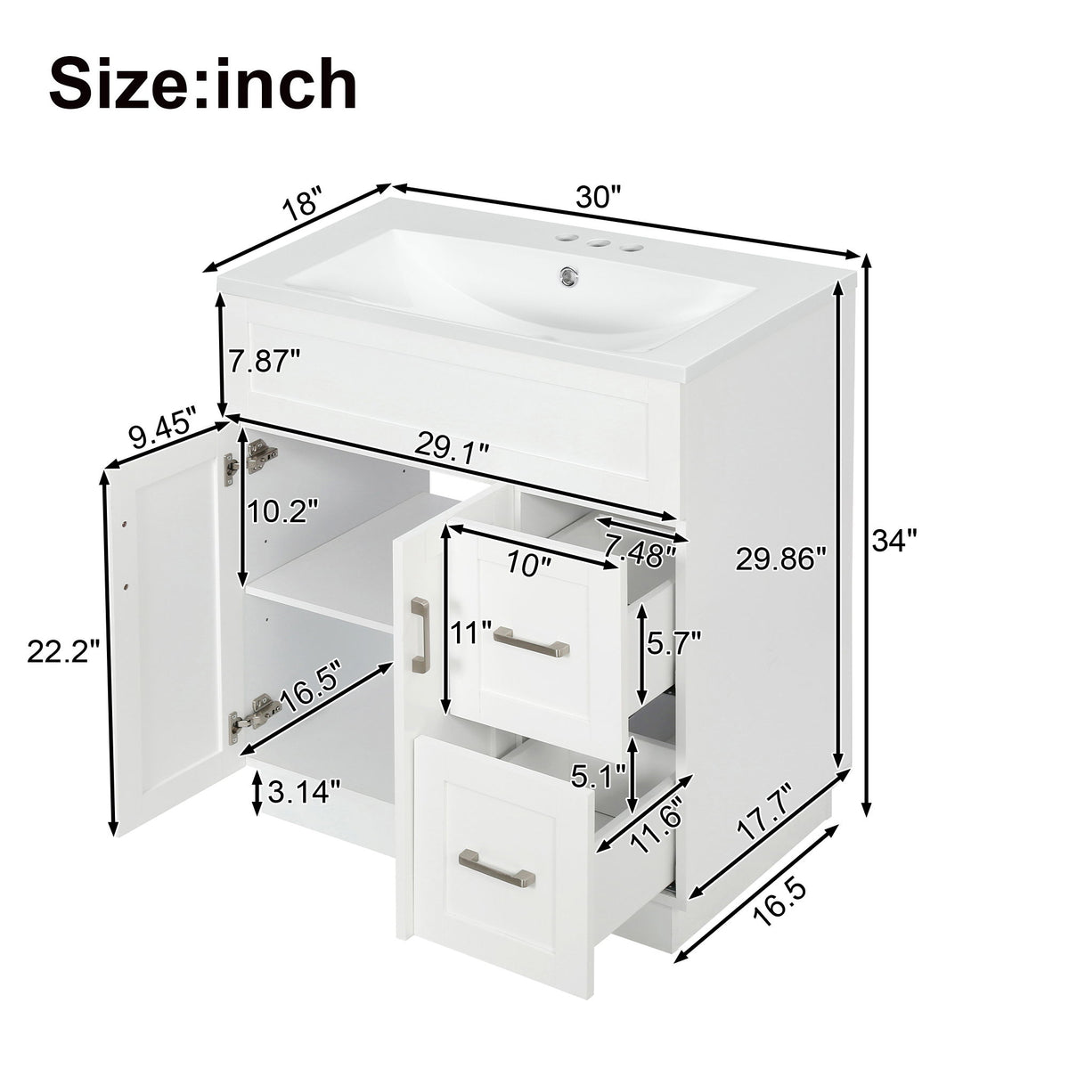 Bathroom Vanity With 2 Doors, 2 Drawers, Adjustable Shelf, Hidden Slides & Soft Close Hinges