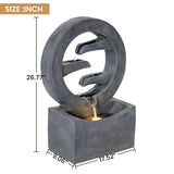 26.77"H Gray Circular Polyresin Outdoor Water Fountain with LED Light, Freestanding Modern Cascading Water Feature for Patio Garden Backyard Decor