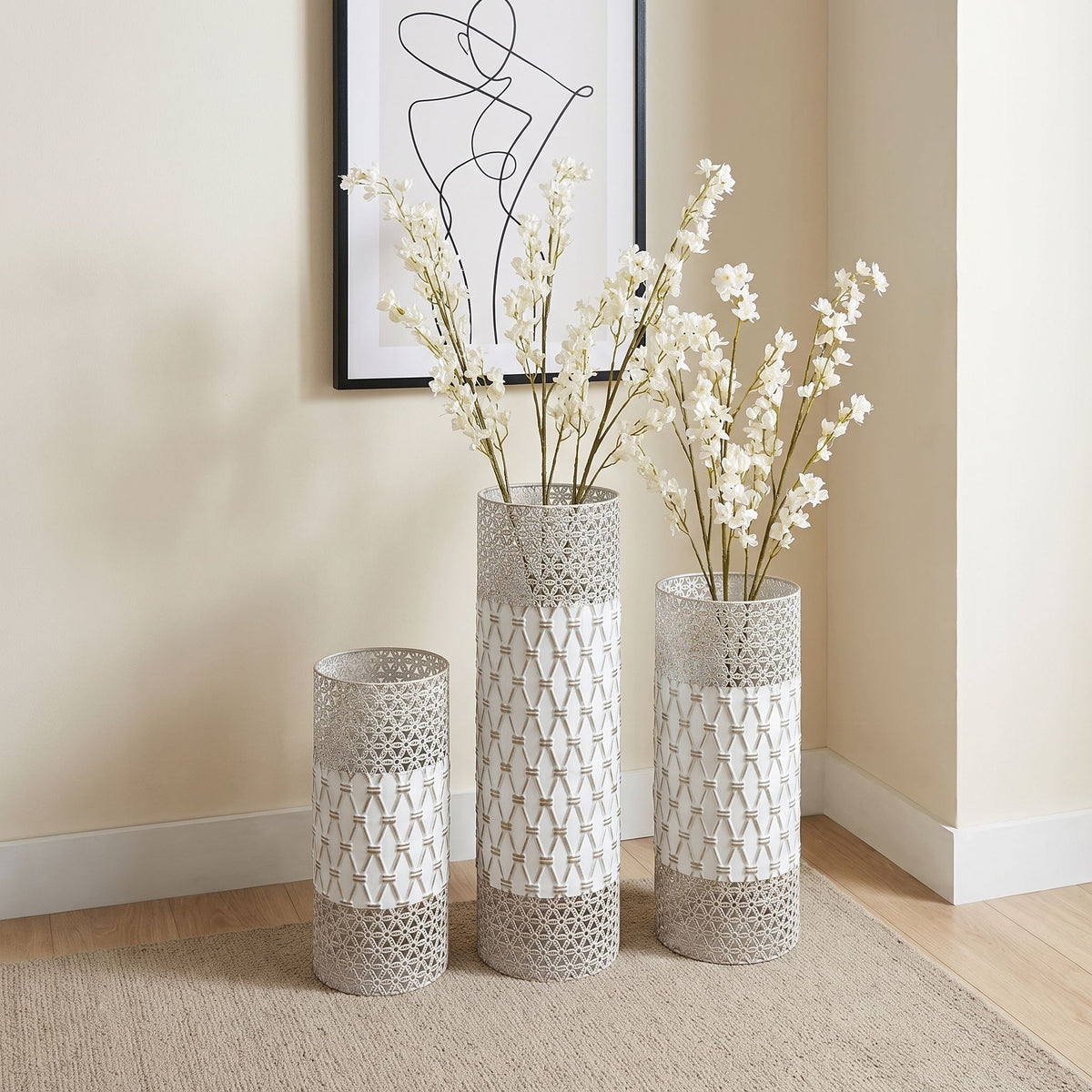 Tall Floor Vase Decorative Vase, Home Accent Decor (Set of 3) - White / Gold