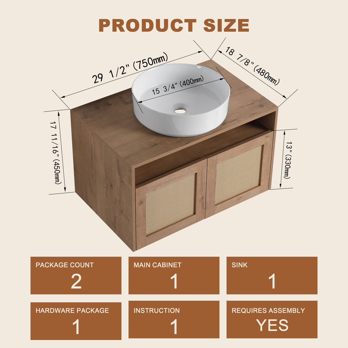 Bathroom Vanity & Art Sink, 2 Soft Close Doors, Float Mounting Design