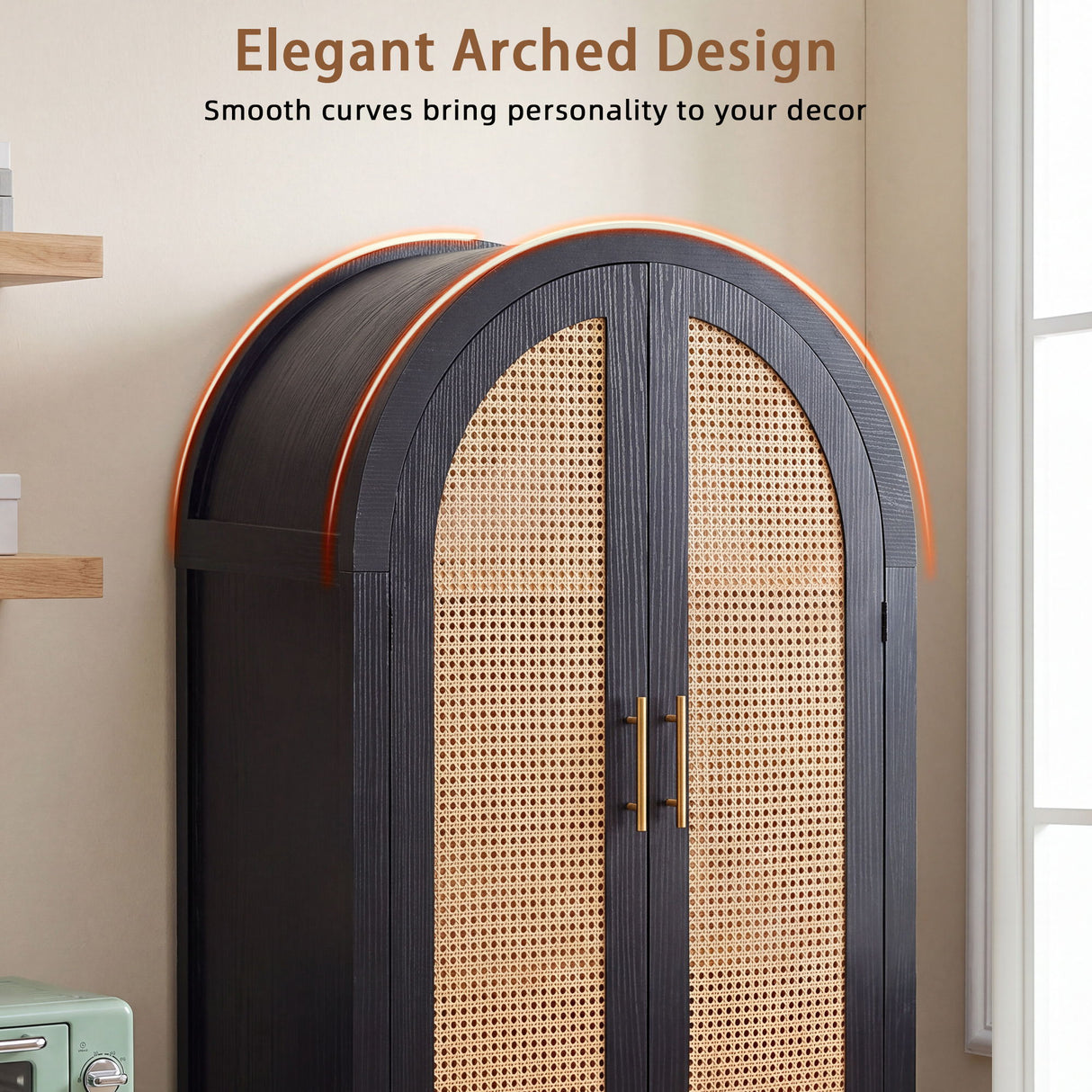 Tall Arched Cabinet With Rattan Doors & Adjustable Shelves