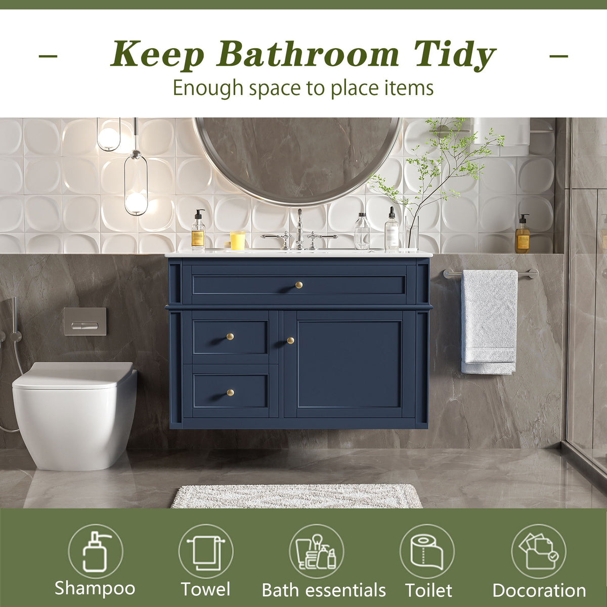Wall Mounted Bathroom Vanity With 2 Drawers, 1 Tip Out Drawer, 3 Holes Sink