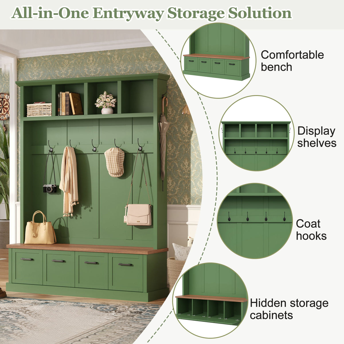 Hall Tree With Storage Bench Mudroom Coat Rack With 6 Hooks