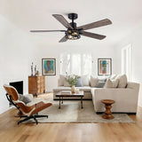 Ceiling Fan With Light, Dual‑Sided Matte Black & Wood Grain Blades - Black