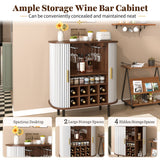 Fluted Wine Bar Cabinet With 8 Grid Wine Rack, 5 Level Adjustable Shelves, 2 Glass Holders