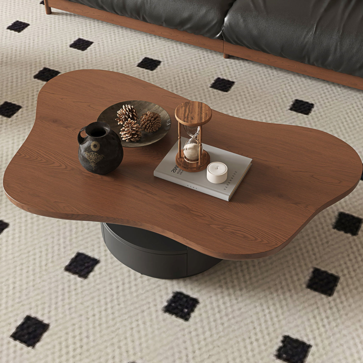 Cloud Coffee Table With 2 Drawers & Multi Layer Storage - Dark Walnut / Matt Black