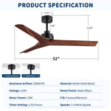 Ceiling Fan Without Light, DC Motor, No Light, Quiet Reversible Ceiling Fan For Living Room - Black