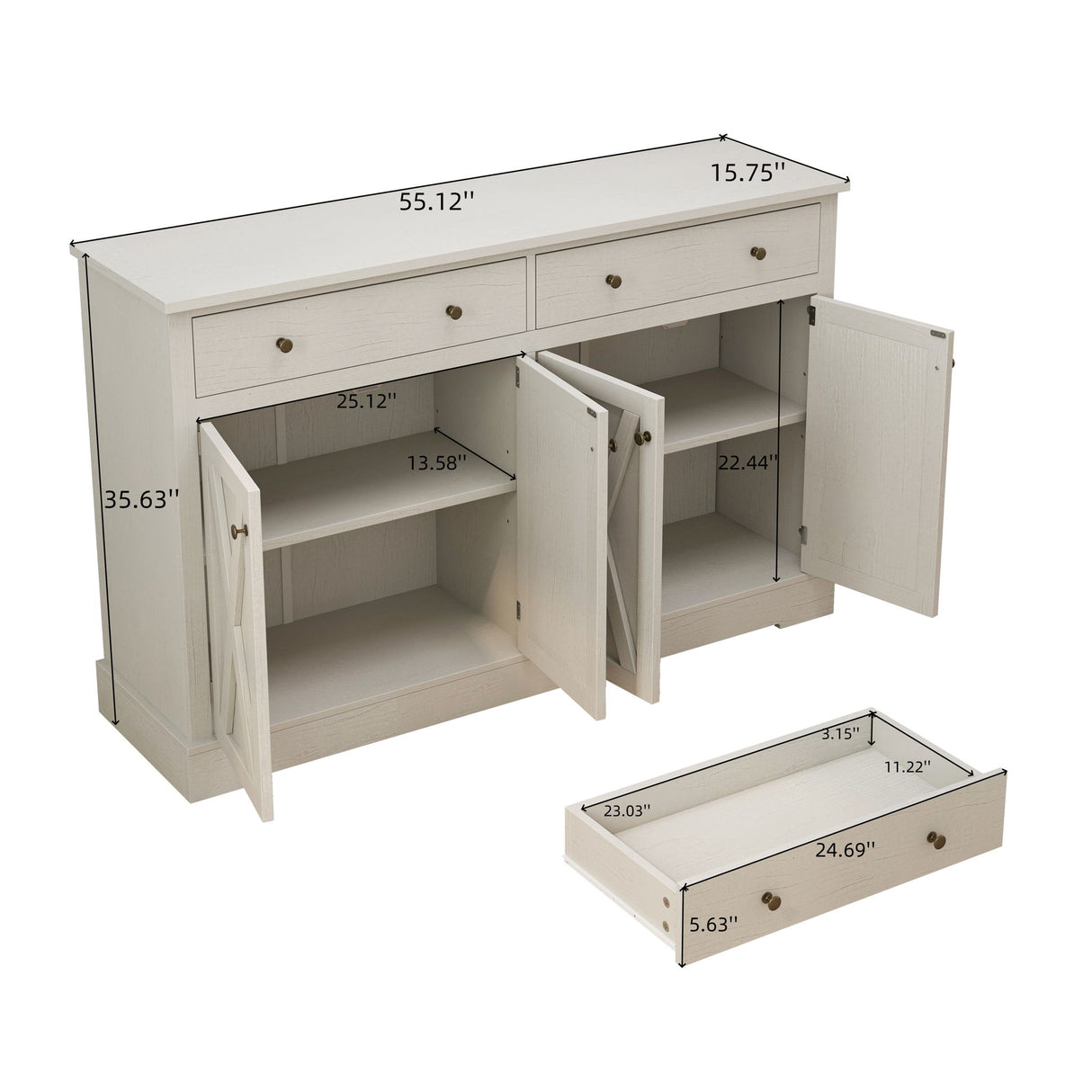 Vintage Sideboard Buffet Storage Cabinet with 2 Drawers and 55x36in