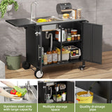 Outdoor Grill Table With Sink, Worktable Kitchen Cabinet Island With Wheels & Foldable Top - Black