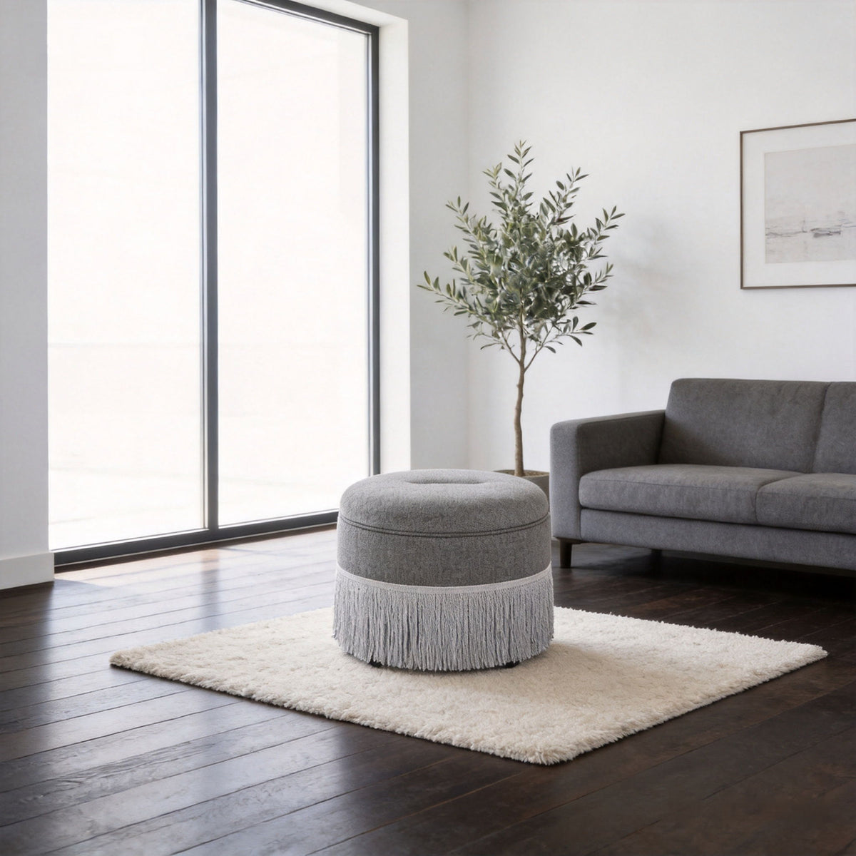 Round Storage Ottoman With Tassel, Decorative Accent Pouf For Living Room